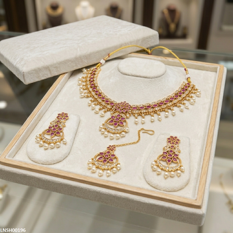 LNSH00196 ANI Tear Flower Pearl Drop Necklace Set - LNSH
