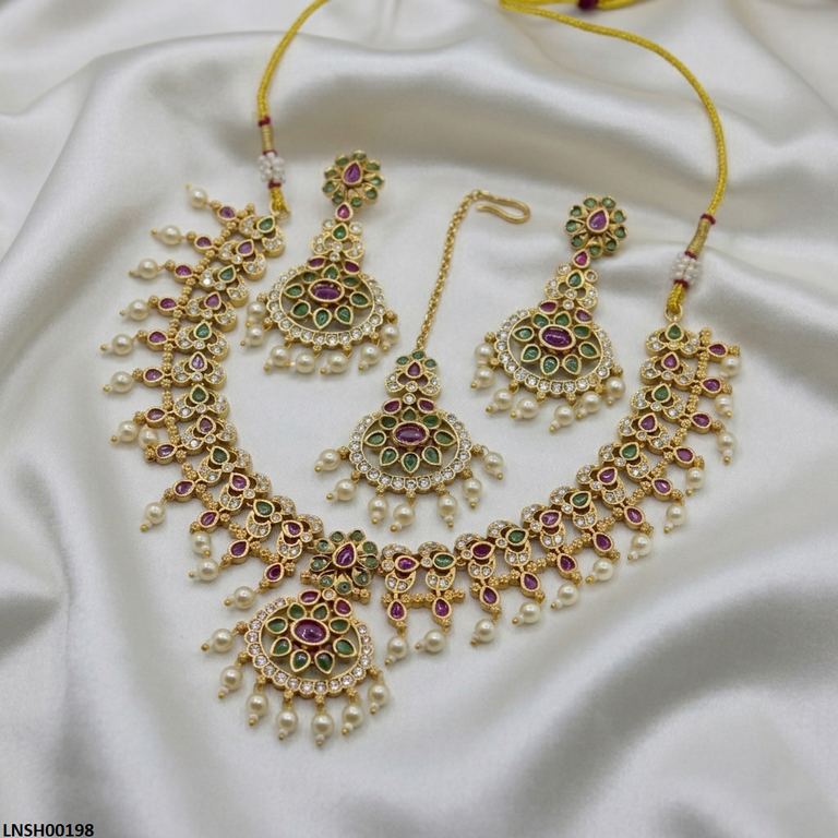 LNSH00198 ANI Flower Pearl Drop Necklace Set - LNSH