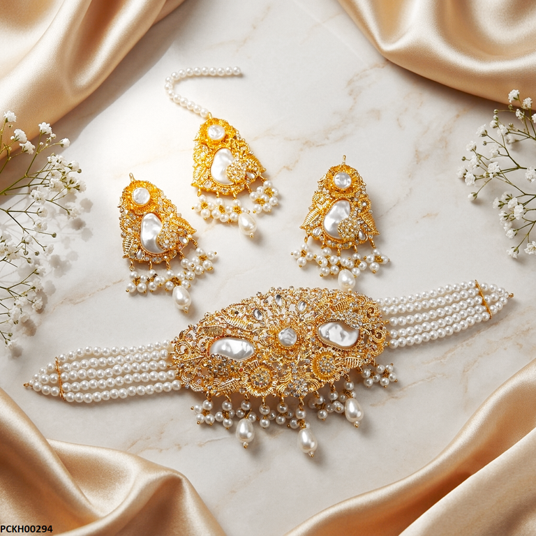 PCKH00294 MZM Round Flower Pearl Drop Choker Set - PCKH