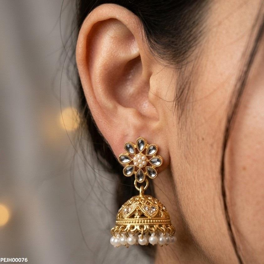 PEJH00076 MZM Flower Pearl Drop Jhumki - PEJH