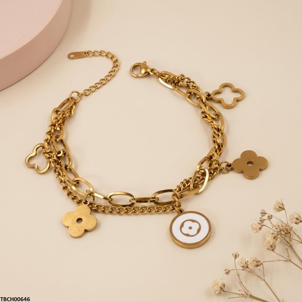 TBCH00646 BHS Clover Flower Double Link Chain Stainless Steel Bracelet - TBCH