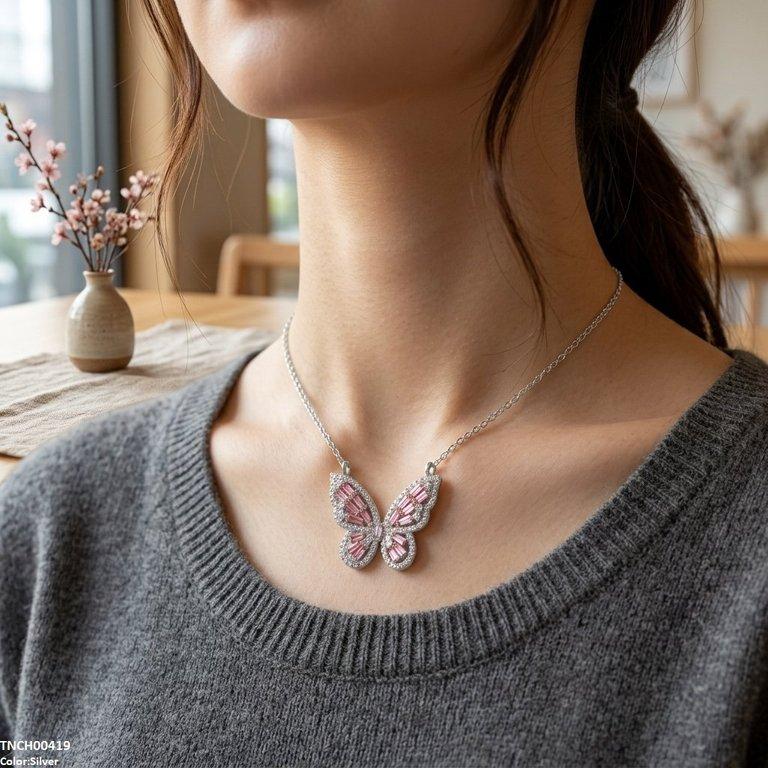 TNCH00419 TNR Stainless Steel Zircon Butterfly Necklace - TNCH