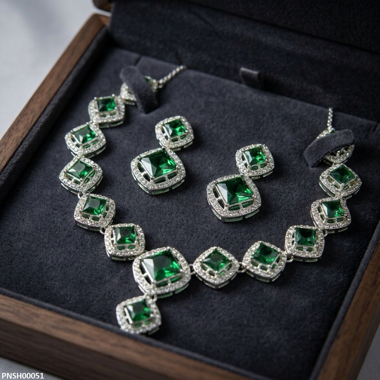 PNSH00051 ABD Square Stone Drop Necklace Set - PNSH