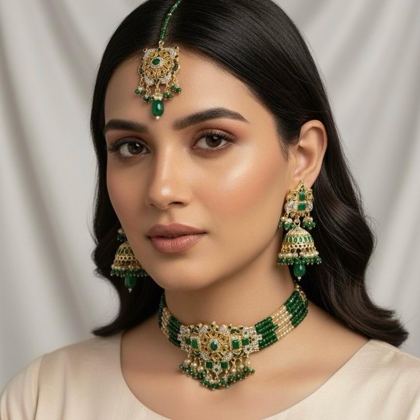 PCKH00247 SDQ Oval/Rectangle Flower Pearl Drop Choker Set - PCKH