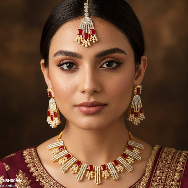 PNSH00036 MZM Rectangle Pearl Necklace Set - PNSH