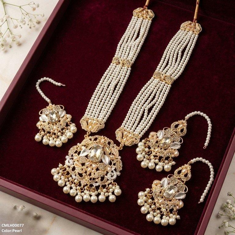 CMLH00077 SDQ Rectangle Flower Pearl Drop Mala Set- CMLH