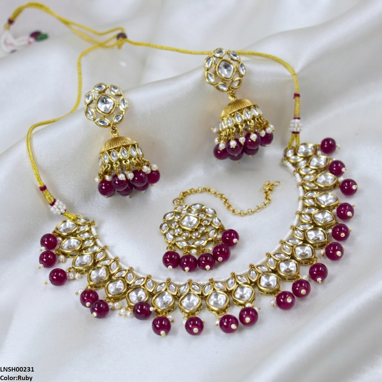 LNSH00231 ANI Marquise/Square Stone Pearl Drop Necklace Set - LNSH