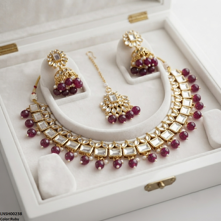 LNSH00238 ANI Square Pearl Drop Necklace Set - LNSH