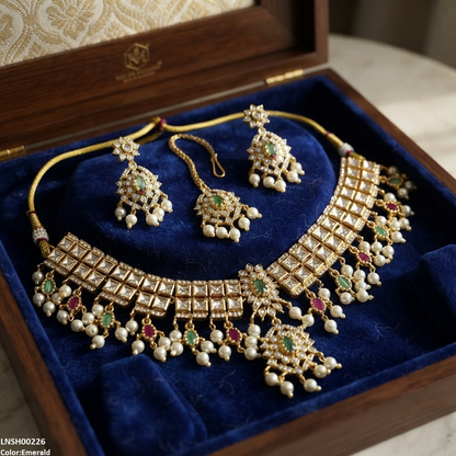LNSH00226 ANI Flower Square Stone Pearl Drop Necklace Set - LNSH