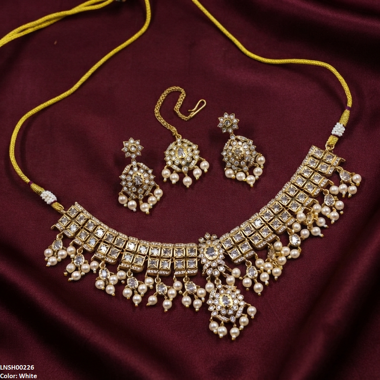 LNSH00226 ANI Flower Square Stone Pearl Drop Necklace Set - LNSH
