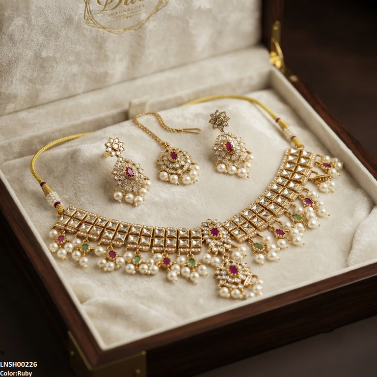 LNSH00226 ANI Flower Square Stone Pearl Drop Necklace Set - LNSH
