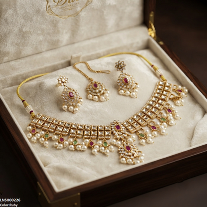LNSH00226 ANI Flower Square Stone Pearl Drop Necklace Set - LNSH