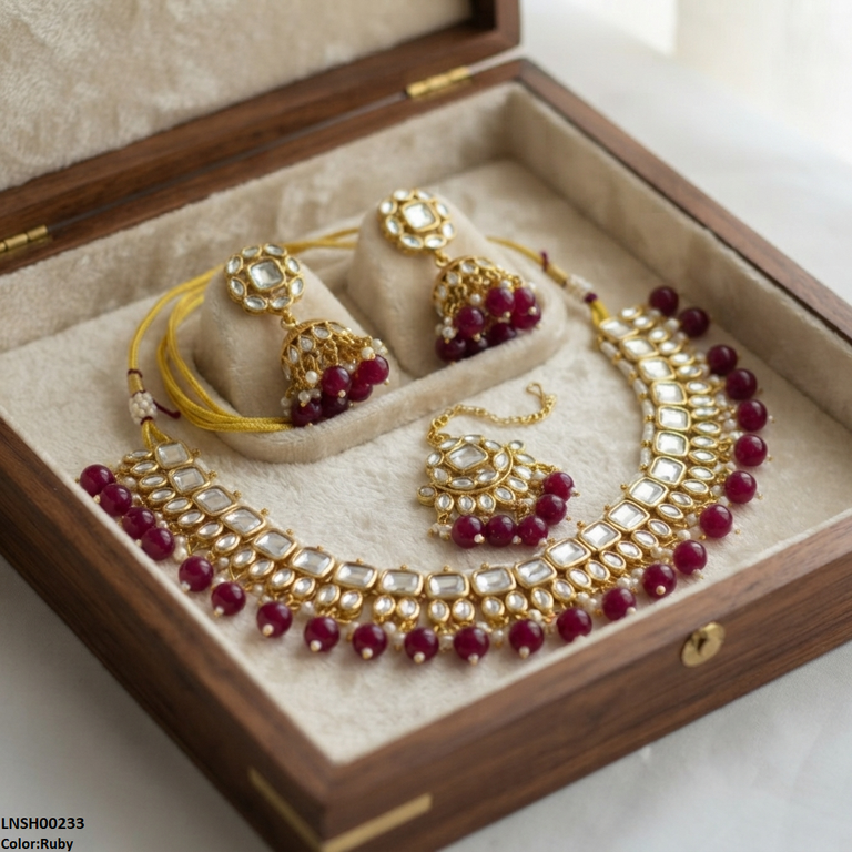 LNSH00233 ANI Square/Oval Stone Pearl Drop Necklace Set - LNSH