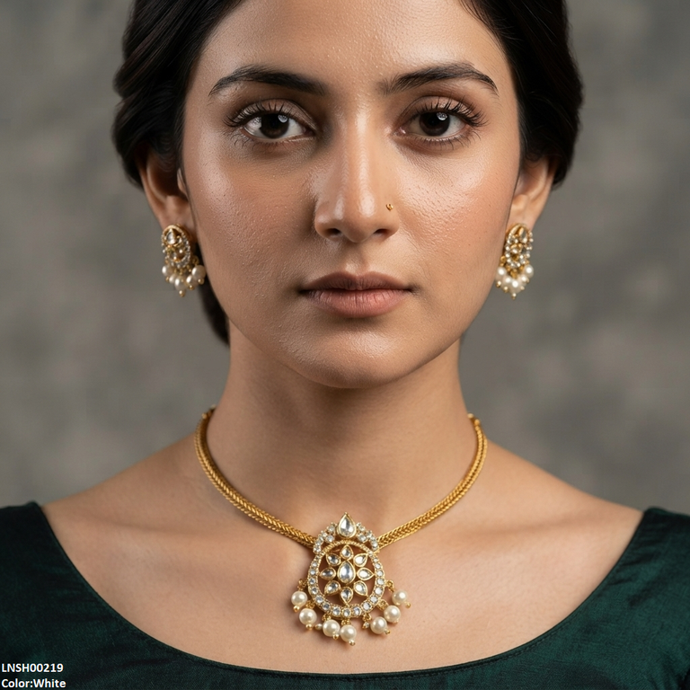 LNSH00219 ANI Tear/Oval Flower Pearl Drop Necklace Set - LNSH