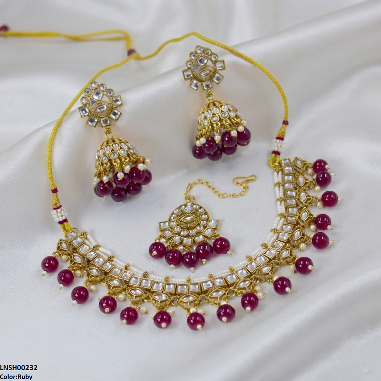 LNSH00232 ANI Square Stone Pearl Drop Necklace Set - LNSH