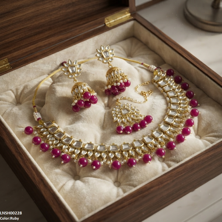 LNSH00228 ANI Square/Tear Pearl Drop  Necklace Set - LNSH