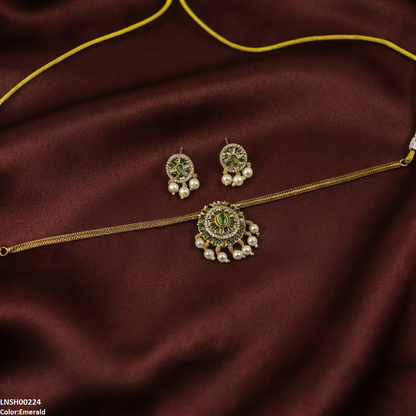 LNSH00224 ANI Oval Flower Pearl Drop Necklace Set - LNSH