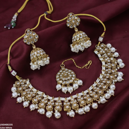 LNSH00235 ANI Round Flower Pearl Drop Necklace Set - LNSH