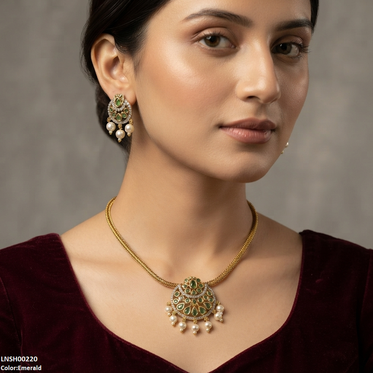 LNSH00220 ANI Moon Flower Pearl Drop Necklace Set - LNSH