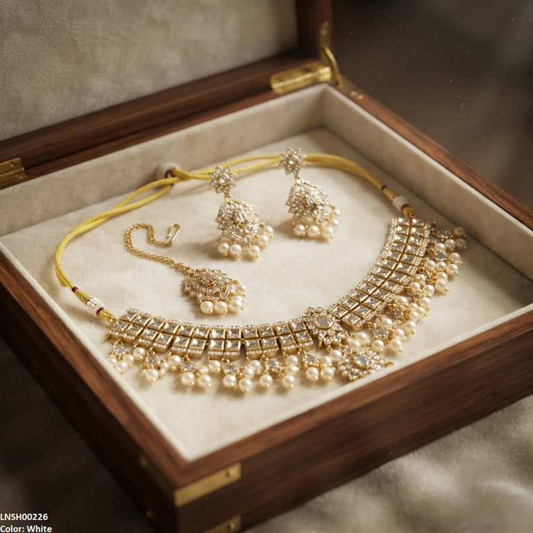 LNSH00226 ANI Flower Square Stone Pearl Drop Necklace Set - LNSH