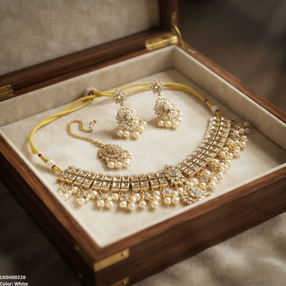 LNSH00226 ANI Flower Square Stone Pearl Drop Necklace Set - LNSH