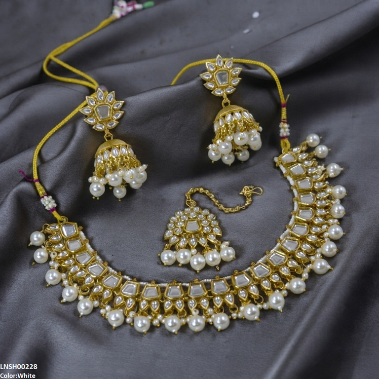 LNSH00228 ANI Square/Tear Pearl Drop  Necklace Set - LNSH