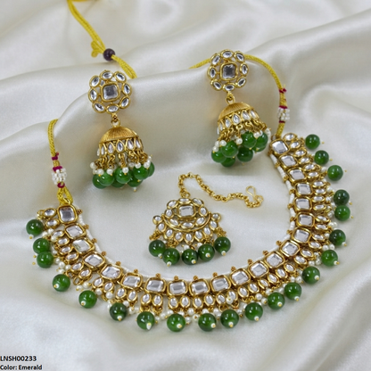 LNSH00233 ANI Square/Oval Stone Pearl Drop Necklace Set - LNSH