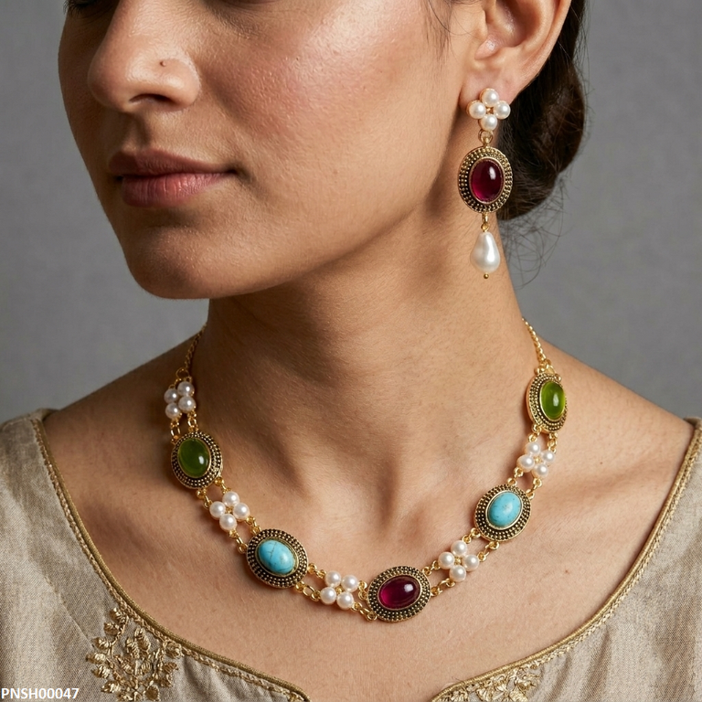 PNSH00047 ABD Oval Multi Stone Necklace Set - PNSH