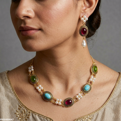 PNSH00047 ABD Oval Multi Stone Necklace Set - PNSH