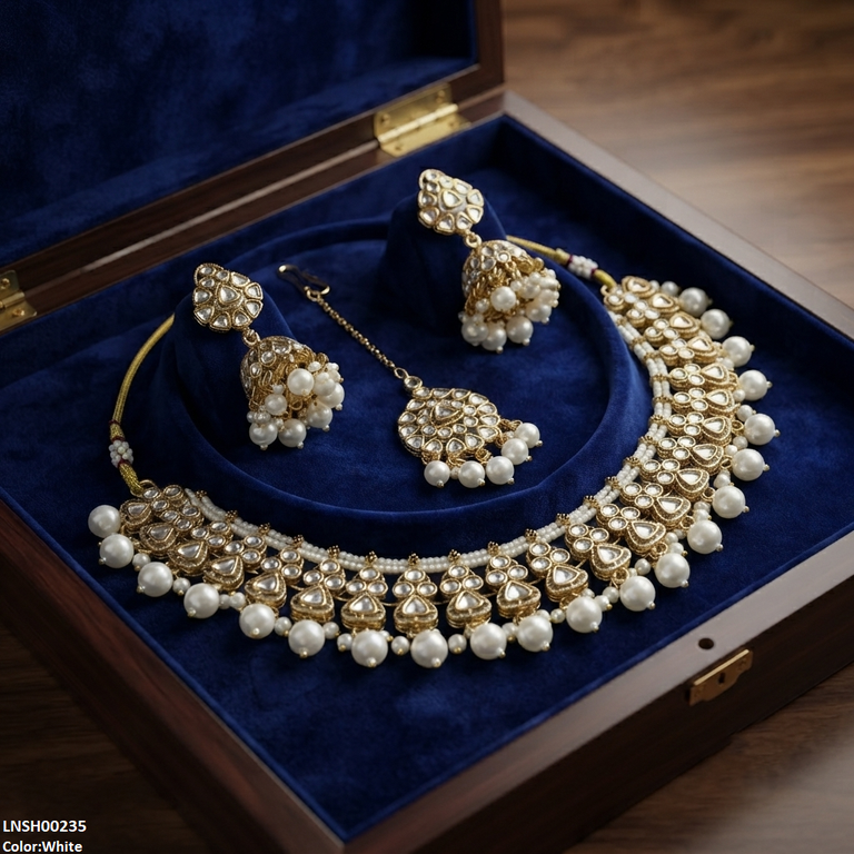 LNSH00235 ANI Round Flower Pearl Drop Necklace Set - LNSH