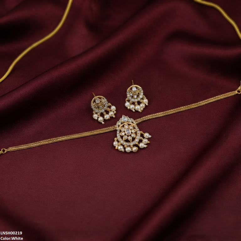 LNSH00219 ANI Tear/Oval Flower Pearl Drop Necklace Set - LNSH