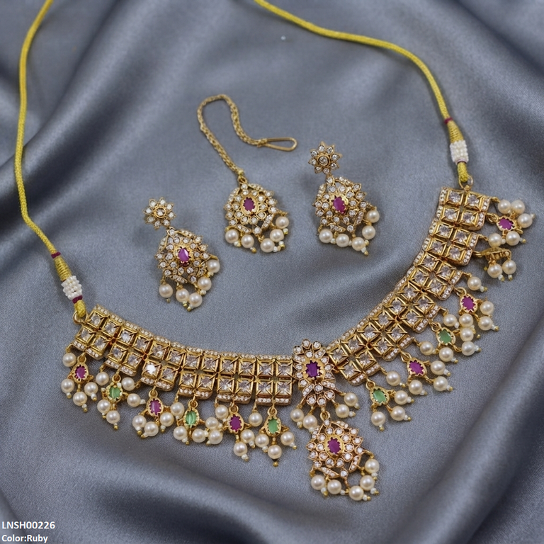 LNSH00226 ANI Flower Square Stone Pearl Drop Necklace Set - LNSH