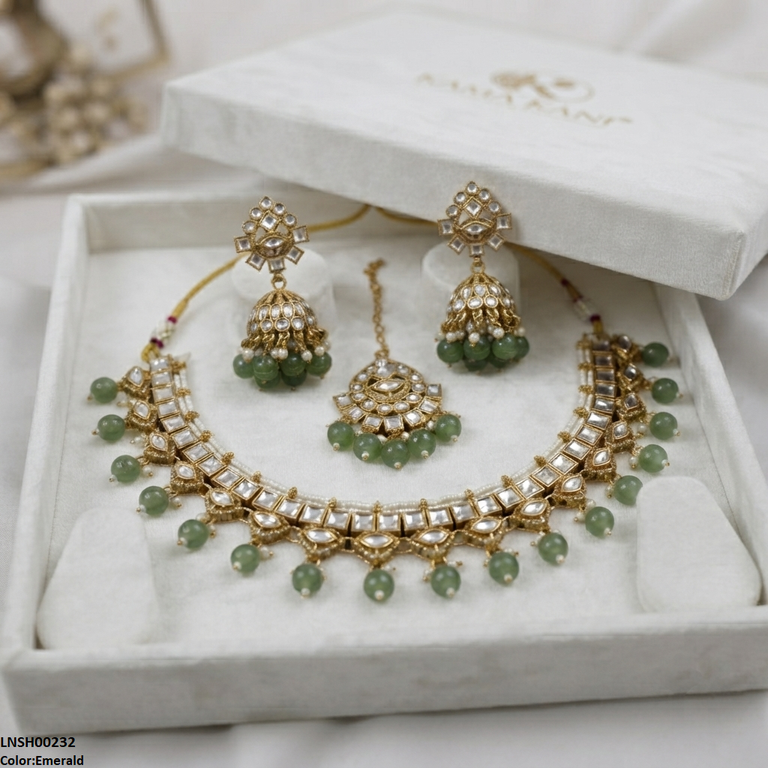 LNSH00232 ANI Square Stone Pearl Drop Necklace Set - LNSH