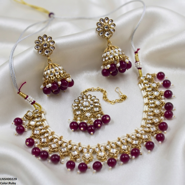LNSH00229 ANI Tear/Square Pearl Drop Necklace Set - LNSH