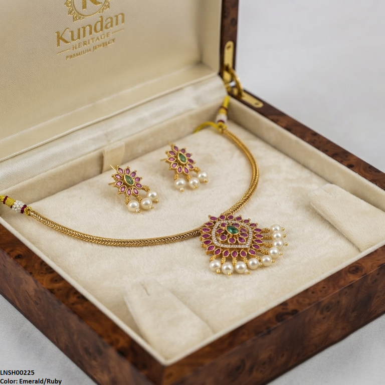 LNSH00225  ANI Flower Pearl Drop Necklace Set - LNSH