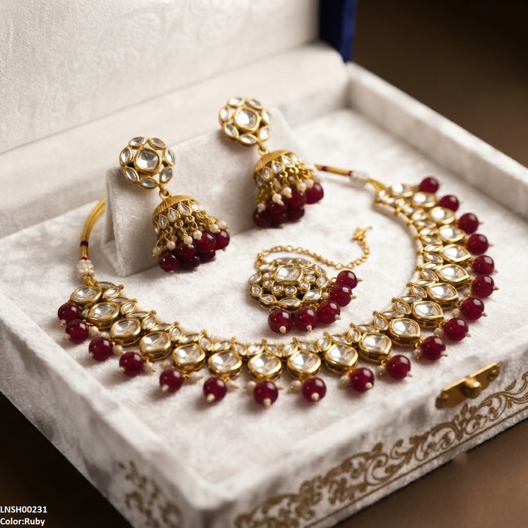 LNSH00231 ANI Marquise/Square Stone Pearl Drop Necklace Set - LNSH