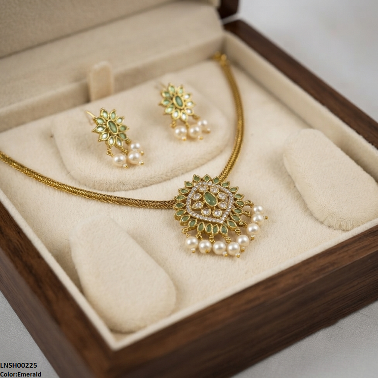 LNSH00225  ANI Flower Pearl Drop Necklace Set - LNSH