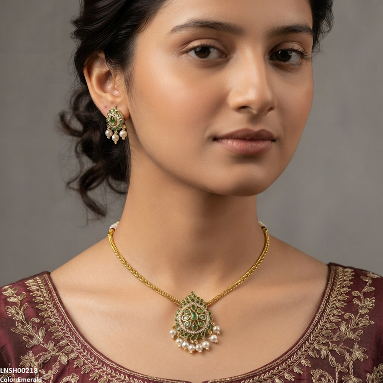LNSH00218 ANI Multi Stone Pearl Drop Necklace Set - LNSH