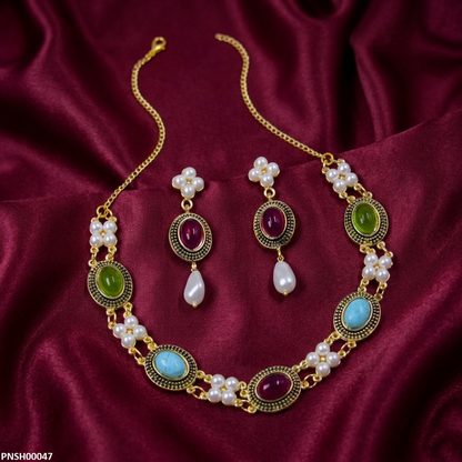 PNSH00047 ABD Oval Multi Stone Necklace Set - PNSH