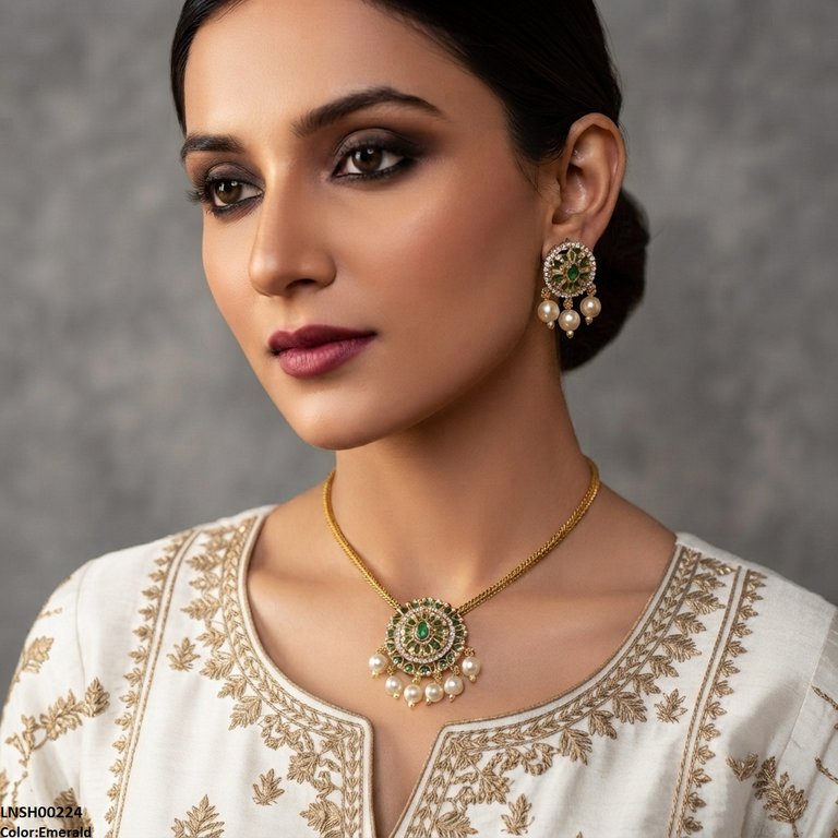 LNSH00224 ANI Oval Flower Pearl Drop Necklace Set - LNSH