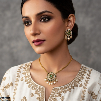 LNSH00224 ANI Oval Flower Pearl Drop Necklace Set - LNSH