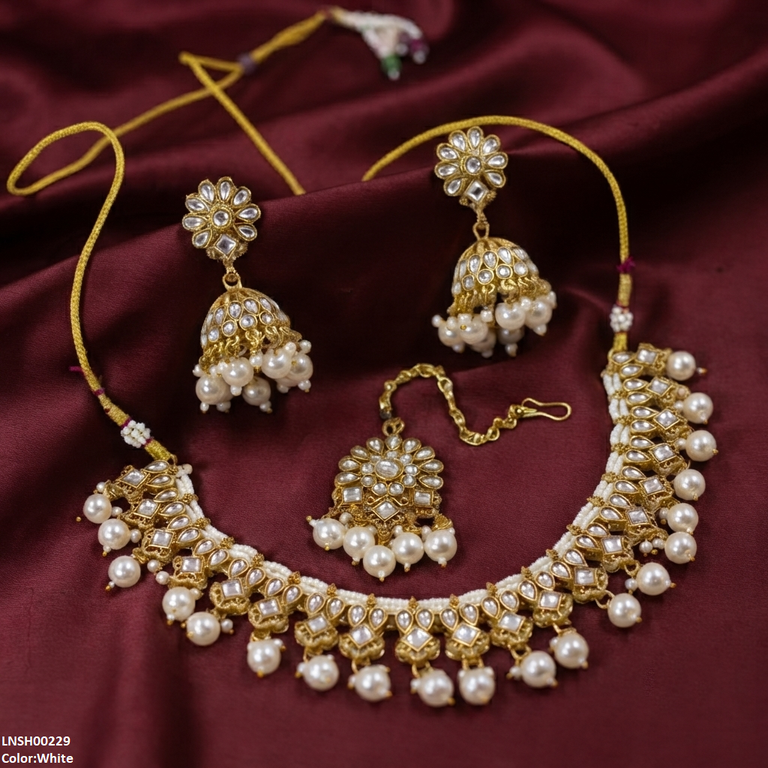 LNSH00229 ANI Tear/Square Pearl Drop Necklace Set - LNSH