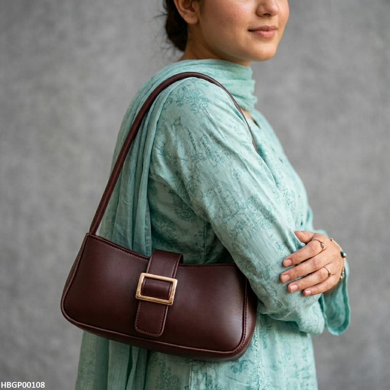 HBGP00108 Midnight Buckle Armpit Ladies Hand Bag - Dark Brown - HBGP