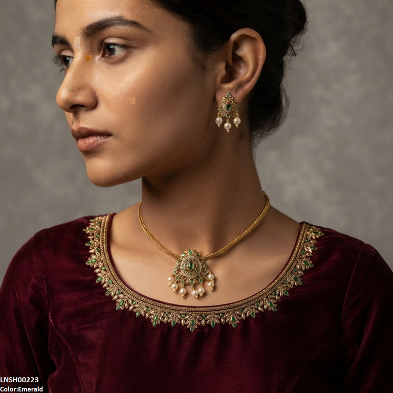 LNSH00223 ANI Oval/Tear Pearl Drop Necklace Set - LNSH