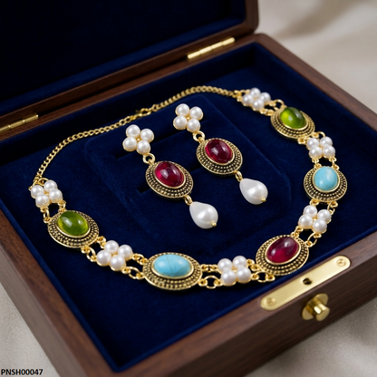 PNSH00047 ABD Oval Multi Stone Necklace Set - PNSH