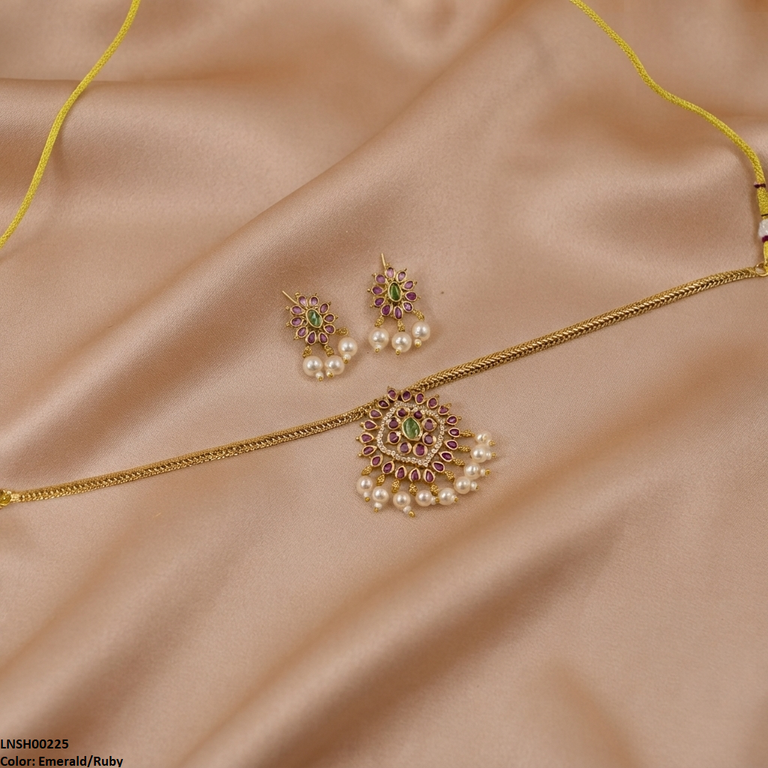 LNSH00225  ANI Flower Pearl Drop Necklace Set - LNSH