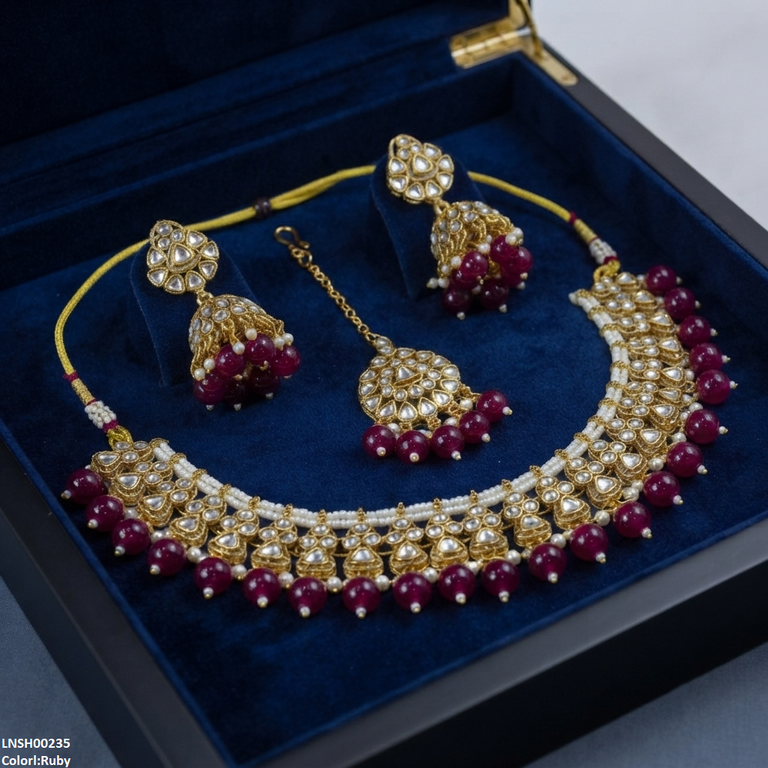 LNSH00235 ANI Round Flower Pearl Drop Necklace Set - LNSH