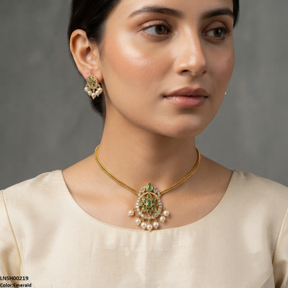 LNSH00219 ANI Tear/Oval Flower Pearl Drop Necklace Set - LNSH