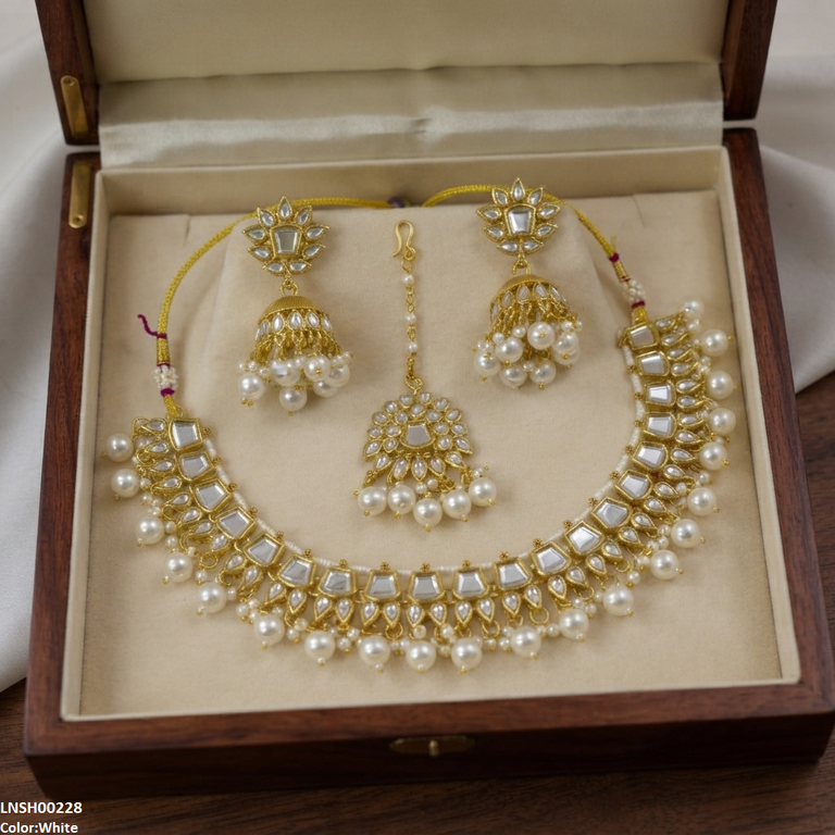 LNSH00228 ANI Square/Tear Pearl Drop  Necklace Set - LNSH