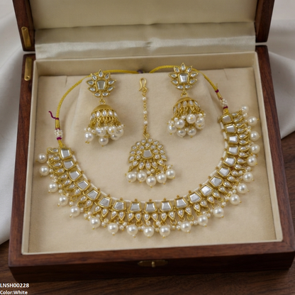 LNSH00228 ANI Square/Tear Pearl Drop  Necklace Set - LNSH